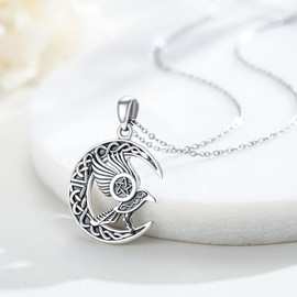 ABIGY Raven Necklace for Women, 925 Sterling Silver Celtic Moon Raven Pendant Bird Crescent Viking Crow Raven Jewellery Gifts for Birthday Christmas