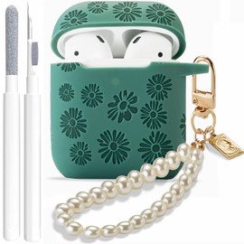 GARTOO Flower Engraved Case for Airpods 2nd Generation Case with Cleaner Kit, Stylish Silicone Skin Protective Cover with Luxury Pearl Keychain for Airpods 1st/2nd Gen Charging Case Daisy-Pine Green