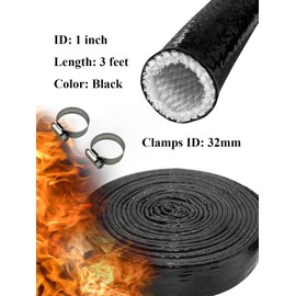 YAMAKATO 1" ID Heat Shielded Fire Thermo Armor Fire Sleeve Silicone Coated Fiberglass Heat Protection for Automotive Hose Lines & Electrical Wiring (Black, 3FT