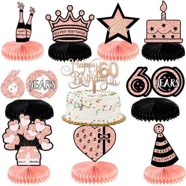 10 pezzi centrotavola a nido d'ape per 60° compleanno, decorazioni da tavolo per 60° compleanno, decorazioni per torta con scritta "Happy 60th Birthday", per donne e feste di compleanno