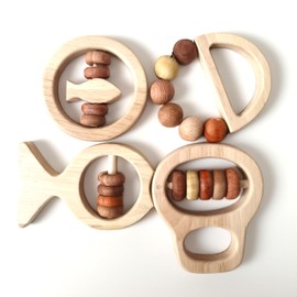 BEACENOV Montessori Wooden Rattle Toys for Infant Baby Boys Girls 0-6 Months,Montessori Baby Toys 6-12 Months, Toddler Development Toys, Baby Sensory Toy, Baby Shower Gifts; 4 Pack