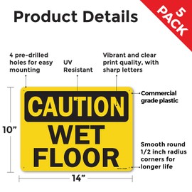 Wet Floor OSHA Caution Rigid Plastic Sign 14 Inch x 10 Inch - 5 Pack