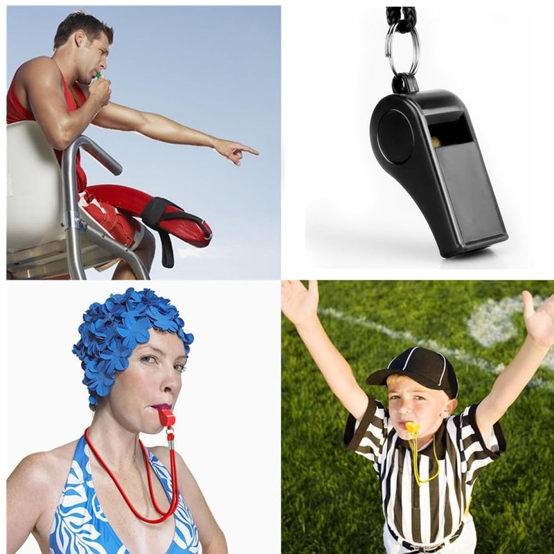 16 Packs Black Plastic Sports Whistles with Lanyard, Ideal for