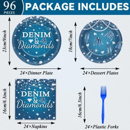 gisgfim 96Pcs Denim and Diamonds Party Plates and Napkin Party Supplies Denim Theme Party Jacket Jeans Tableware Set Crystal Paper Dinner Bachelorette Party Decorations for Wedding Serves 24
