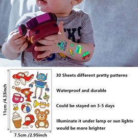 30 Sheets Luminous Temporary Tattoos for Kids Glow in The Dark Waterproof Mixed Cartoon Style Fake Tattoo Unicorn Mermaid Outspace Dinosaur Animal for Boys Girls Party Supplies