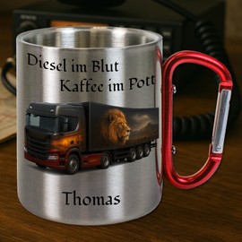 Personalisierte LKW Tasse aus Edelstahl | Geschenk für Fahrer | Edelstahltasse mit Name, Kaffeetasse, Metalltasse mit Wunschname | Werkstatt‑Kaffeebecher V12