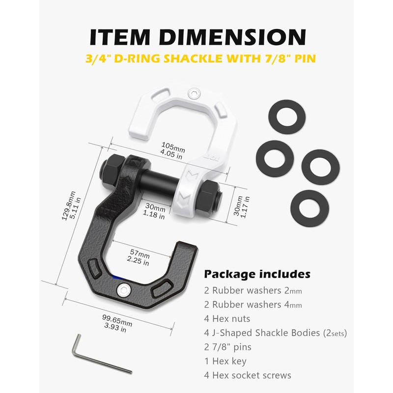 A-BOAR D-Ring Separate Shackles, 2Pack, 3/4" D-Ring Shackles 7/8" Pin,