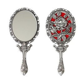 Espejo de mano clásico con rosa en relieve en la parte posterior, espejo de metal de belleza de mano, cartera compacto, espejo pequeño (plata mate)