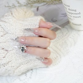 farfarflame Handmade Nail Tip, Long, Korean, Mine-based Magnet, Oval Ballerina, Diamond, Glossy, Stylish, Cute, Party, Painful Nails, Gal False Nails, Pack of 10 (Glacier, S)