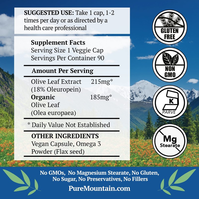 Pure Mountain Botanicals Olive Leaf Extract Capsules - Kosher Vegan