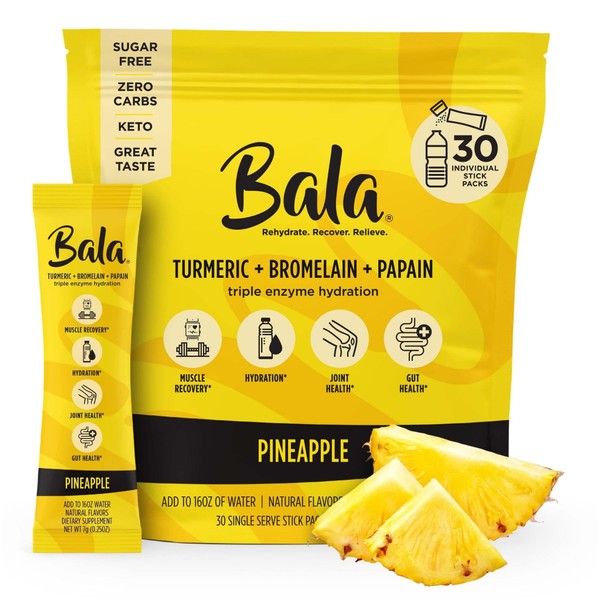 BALA Hydration Turmeric Drink Mix Packet|Sugar Free Electrolyte Powder, Muscle Recovery, Immune Support, Joint Relief|Zero Sugar, Plant-Based Enzymes, Bromelain, Papain, Curcumin(Pineapple 30 Pack)