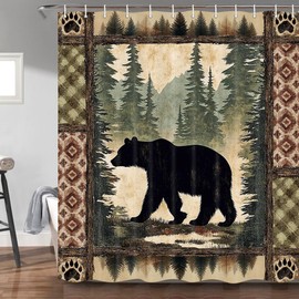 Uokiuki Cabin Bear Shower Curtain, Rustic Deer Hunting Decor Bath Curtains, Farmhouse Country Wooden Camping Forest Waterproof Fabric Bathroom Accessories Set, 60X70 inch with Hooks