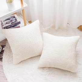 Yonous Corduroy Cushion Covers, Soft Square Decorative Throw Pillow Home Decor for Living Room Couch Bed Sofa, Set of 2 Pack, Cream White, 45x45 CM / 18x18 Inch
