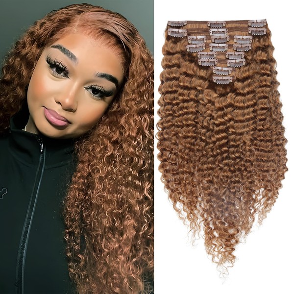 Elailite Afro Clip-In Extensions for Complete Hair Extensions Remy 8 Pieces Double Wefts 18 Clips Kinky Curly 35 cm 110 g #30 Light Burn