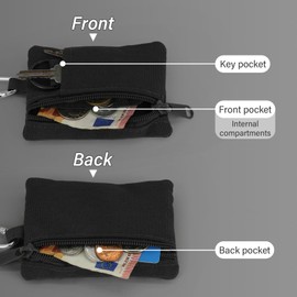 AdiStylinno Mini Wallet for Men and Women, Canvas Coin Purse, Nylon Tactical Small Purse with Zip, Mini Change Purse with Key Ring and Carabiner, black, Minimalist