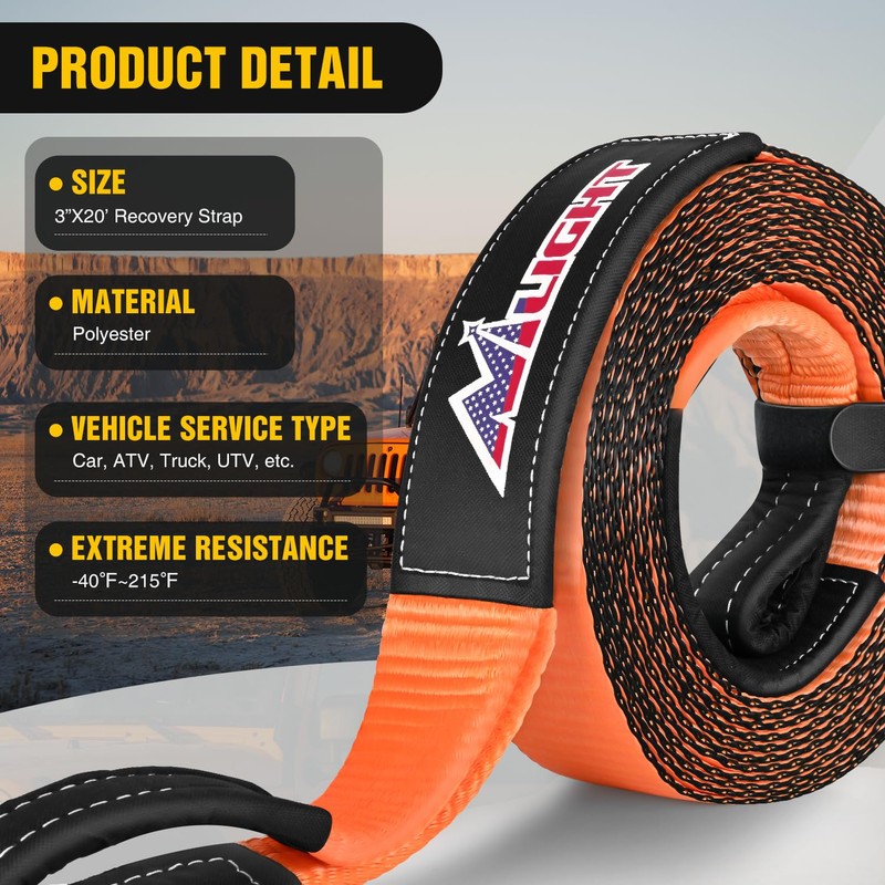 Nilight 3" x 20' Recovery Tow Strap Kit with 2"