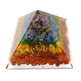 Orgone Seven Chakra Crystal Energy Generator Pyramid | Natural Chips 7 Chakra Orgonite Pyramid | Emf Protection | Healing Crystal Reiki Gift Home Office Chakra Balancing Wellness