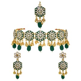 Efulgenz Conjunto de gargantilla de joyería india Maang Tikka pendientes Bollywood de cristal Kundan para boda dorado