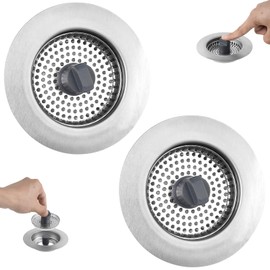 iFealClear 2-Pack 3-in-1 Kitchen Drain Stopper & Plug Strainer – Stainless Steel Food Waste Replacement, Fits Sink Holes 72-86mm, Depth > 22mm
