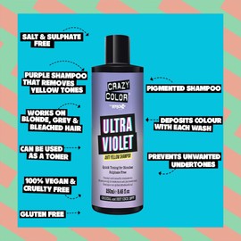 Crazy Color Ultra Violet Anti Yellow Shampoo | Tone Blonde Hair and Neutralise Brassy Tones | For Ash, Champagne, Pearl Blondes. Bleached and Natural Hair. Vegan, Cruelty & Sulphate Free, 250ml