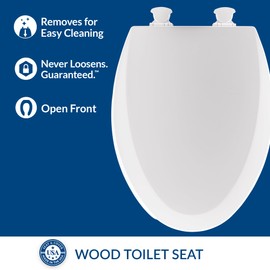 MAYFAIR 18440EC 000 Open Front Toilet Seat will Never Loosen and Easily Remove, ELONGATED, Durable Enameled Wood, White