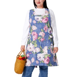 VIKIDEER Comfortable Huge Plus Size Aprons for Women Adjustable Cross Back Floral Cotton Linen Aprons Paeonia