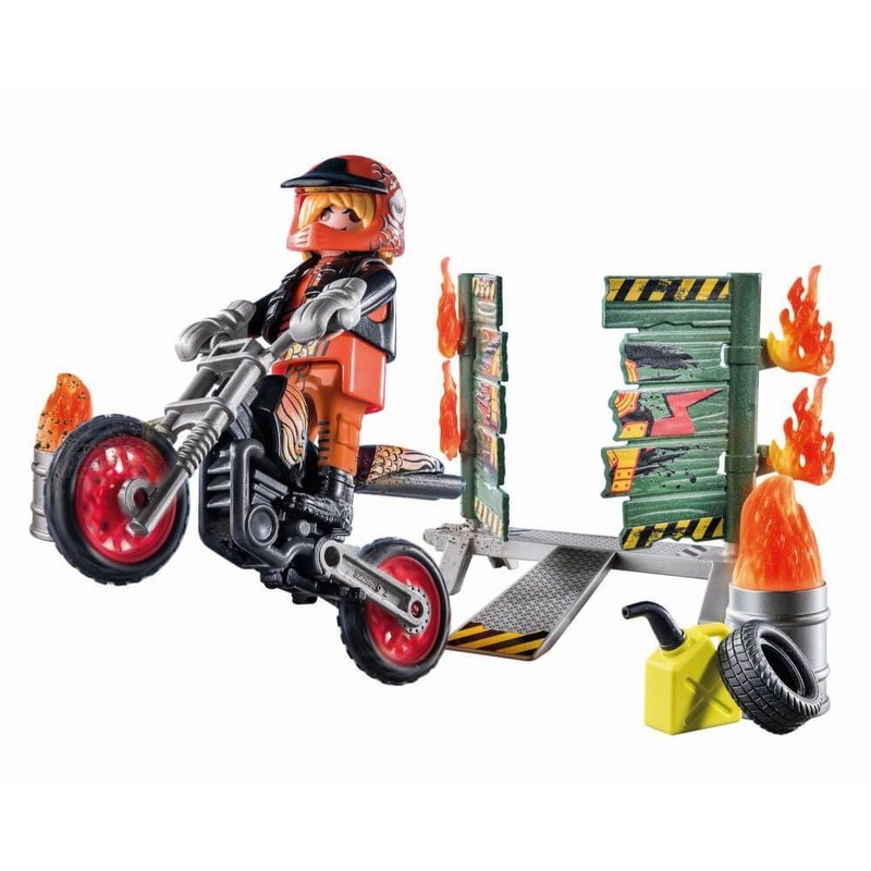 PLAYMOBIL Starter Pack, Stuntshow Moto con Pared de Fuego 71256,