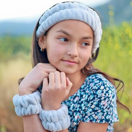 Spa Headband for Washing Face and Matching Wristbands, Teen Skincare Headbands, Soft Facial Makeup Head Band (Grey, One size)