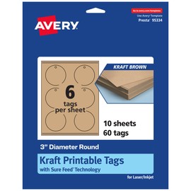 Avery Printable Round Tags with Sure Feed Technology, 3" Diameter, Kraft Brown Cardstock, Print-to-the-Edge, Laser/Inkjet, 60 Total, Great for Custom Gift Tags and Branding Tags