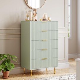 Green Dresser, Modern 5 Drawer Dresser for Bedroom with Gold Handle and Large Drawer, Wood Double Chest of Drawers and Storage Organizer for Living Room, Hallway, Entryway