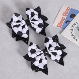 Soccer Cheer Bows Hair Clips 2pc 3.5" Glitter Black & White Football Sport Ribbon Bows for Soccer Team Moms Gifts Player Game Day Cheerleading Accessories Birthday Party Favors