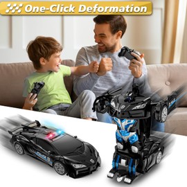 Remote Control Car with One Button Transformation, RC Cars Transforming into Robot Car, 2.4Ghz 360 Degree Rotation Police Car with Light, 1:18 Scale Transform Toys for Boys Girls Kids 4-7 8-12 6-8