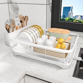 HOMEAILIE Dish Drying Rack with Drainboard,Kitchen Rack for Dishes,Kitchen Counter Organizer,Space-Saving Utensil Holder for Efficient Storage,White