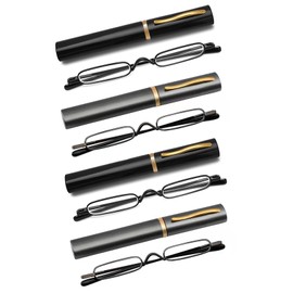 OWTXIS 4 Pack Mini Slim Pen Reading Glasses - Compact Readers with Pen Clip Case Spring Hinge Metal Frame Eyeglasses (Two Black, Two Gunmetal, +2.25)