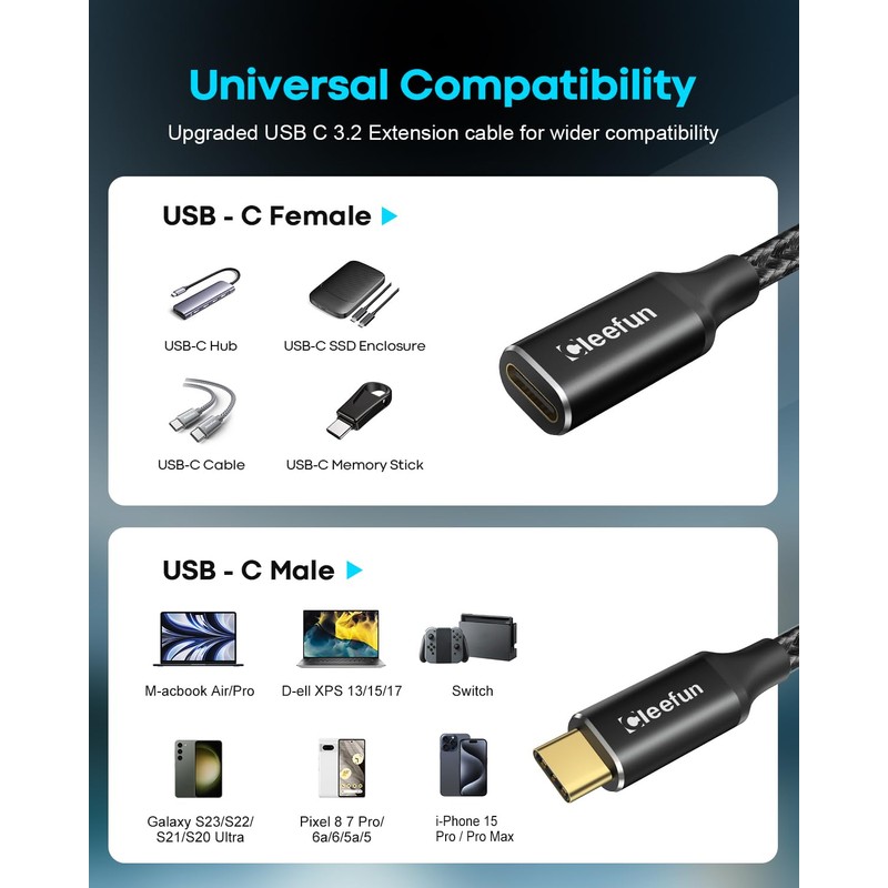 CLEEFUN USB-C Extension Cable 1ft 2-Pack, USB-C Male to Female,