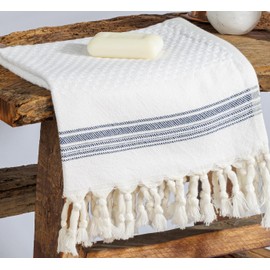 DEMMEX - Fall 2024 - Luxury Waffle ''Cotton Bubbles'' Texture Turkish Hand Towels, Set of 2, 100% Turkish Cotton, Softest & Most Absorbent Due to Cotton Bubbles, Large 32" x18 (White-Navy Blue)