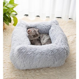 MANGOKKA Pet Bed, 26 in Plush Soft Calming Dogs Bed for Indoor Pets, Washable Fluffy Cat Bed for Small Medium Dogs and Cats, Anti-Slip Mute Base Warming Cozy Soft Pet Puppy Bed (Light Grey)