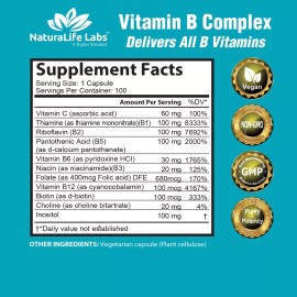 NaturaLife Labs Vitamin B Complex with Vitamin C and Folic Acid - All B vitamins 100 veggie caps