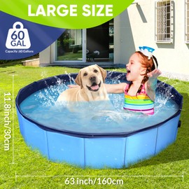 Dog Pool, Foldable Pet Swimming Pool with 6mm High-Strength PP Board, Hard Plastic Collapsible Doggy Pools for Small Dogs Kitty Duck, Non-Slip Doggie Bathtub Quick to Set Up and Drainage Hole, 63"