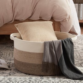 OIAHOMY Extra Large Storage Basket, 24" x 15" Woven Blanket Storage for Living Room, Round Laundry Basket for Pillow - Gradient Brown