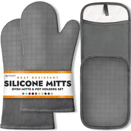 BPA-Free Soft Silicone 4 Piece Oven Mitts & Pot Holders Set - Ultra Heat Resistant Oven Mitts with Thick Cotton Liner - Long Slip Resistant Pot Holders, Flexible Oven Gloves - Gray