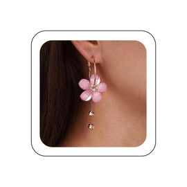Cimenexe Bohemian Enamel Flower Hoop Earrings Pink Acrylic Flower Dangle Earrings Long Cz Flower Tassel Drop Earrings Colorful Crystal Flower Earrings Jewelry for Women (Pink)