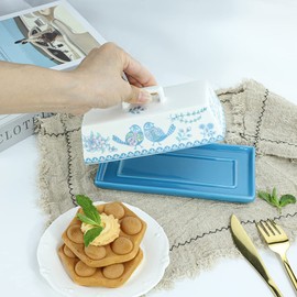 Sizikato Porcelain Butter Dish with Lid, Blue Flower and Bird Pattern-7.5 Inch