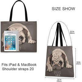 visesunny Women's Large Canvas Tote Shoulder Bag Pug Puppy Cartoon Animal Top Storage Handle Shopping Bag Casual Reusable Tote Bag for Beach,Travel,Groceries,Books