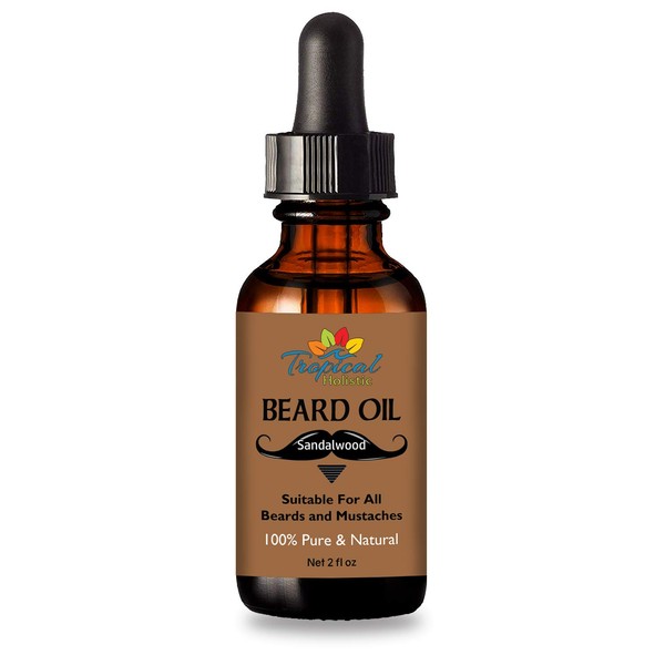 Tropical Holistic Sandalwood Beard Oil 2fl oz - Groom Men Beard & Mustache with Fresh Woodsy Scent - Nourishes, Restores Shine, & Tames Unruly Hair