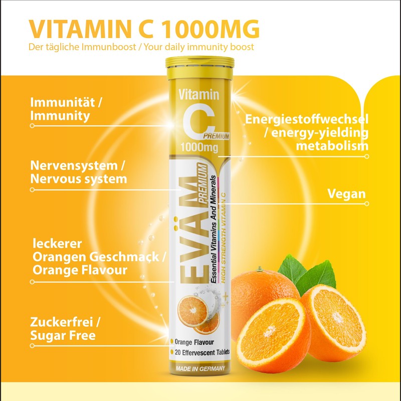 EVÄM Premium Vitamin C 1000 mg Effervescent Tablets, Orange Flavour,