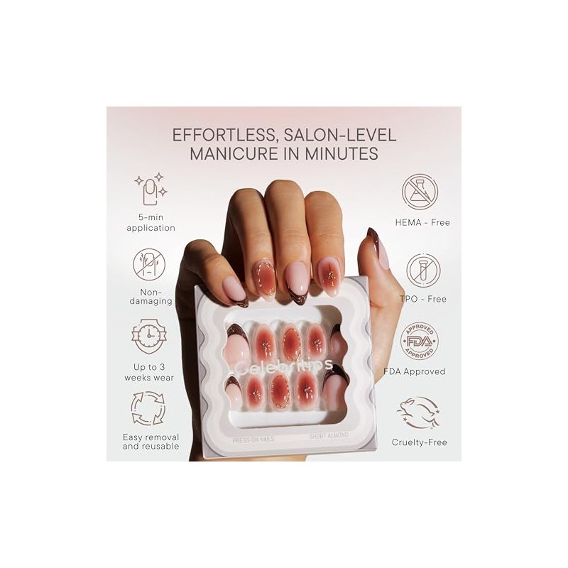 Celebritips Uñas Postizas Decorativas | Amber Muse, Uñas Cortas Almendradas,
