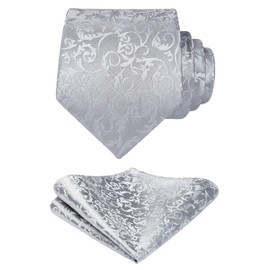 HISDERN Mens Solid Sliver Paisley Wedding Tie Handkerchief Men's Necktie & Pocket Square Set For Wedding