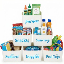 Remerry 6 Pcs Poolside Storage Basket with Handles, Storage Buckets Pantry Organizer for Sunscreen Bug Spray Sunblock Goggles Toys, Pool Accessories Basket Bins for Beach Camping Kitchen