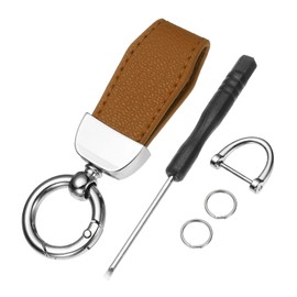 uxcell Car Key Chain, Zinc Alloy Leather Car Keychain Anti-lost D-Ring Key Chain Fob 360 Degree Rotatable Decorative with Screwdriver for Men and Women, Silver/Brown